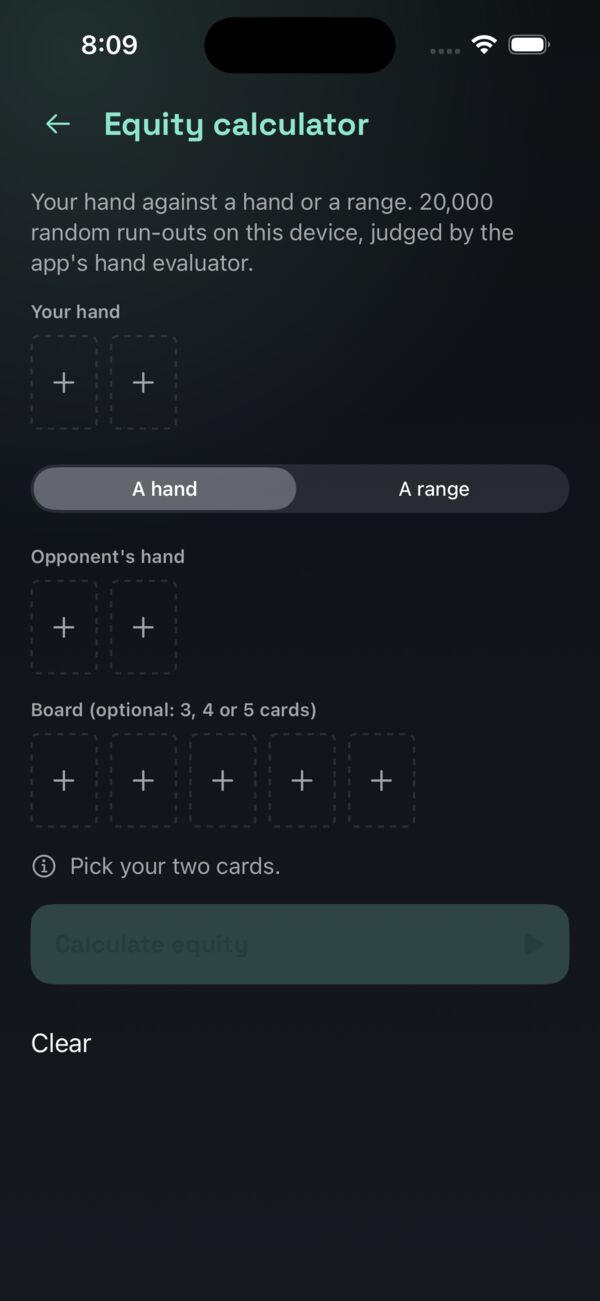 Equity calculator: pick your two cards, the opponent's hand or a range, and an optional board