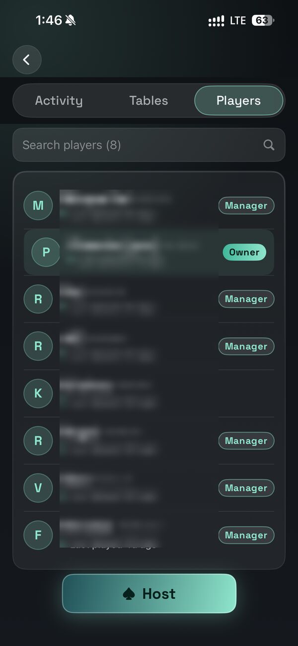 A club's Players tab: eight members with Owner and Manager tags, a search box, Activity and Tables tabs, and a Host button
